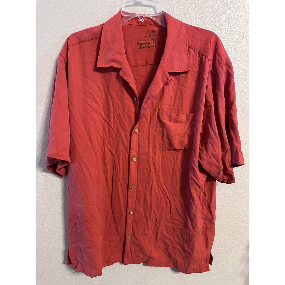 Tommy Bahama Coral Red Silk Button Up Camp Shirt Palm Tree Logo Men's Large